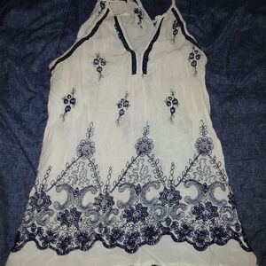 Panhandle Slim Cream and Blue Embellished Asymmetrical Camisole